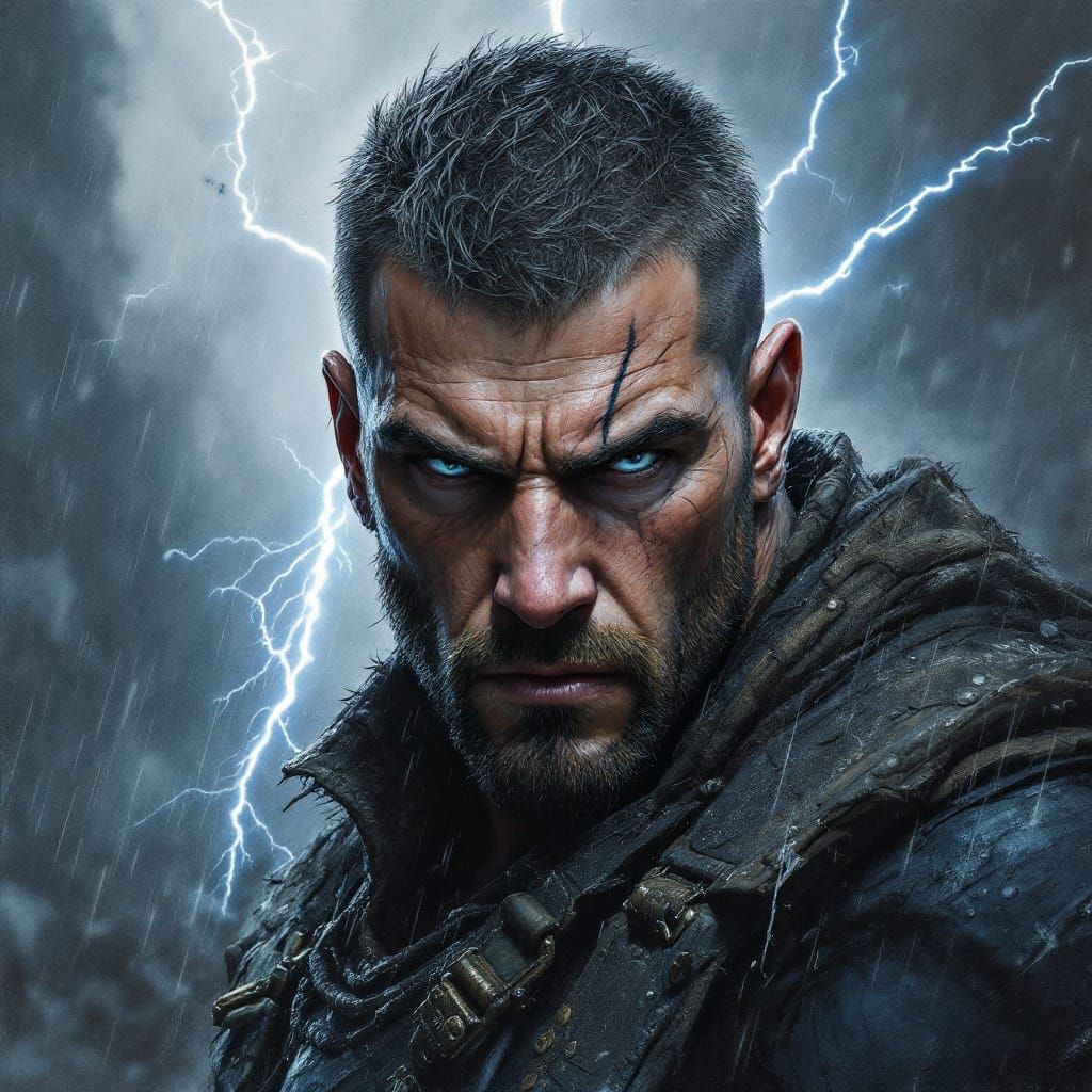 Hyperrealistic Portrait of a Powerful Storm Weathered Figure