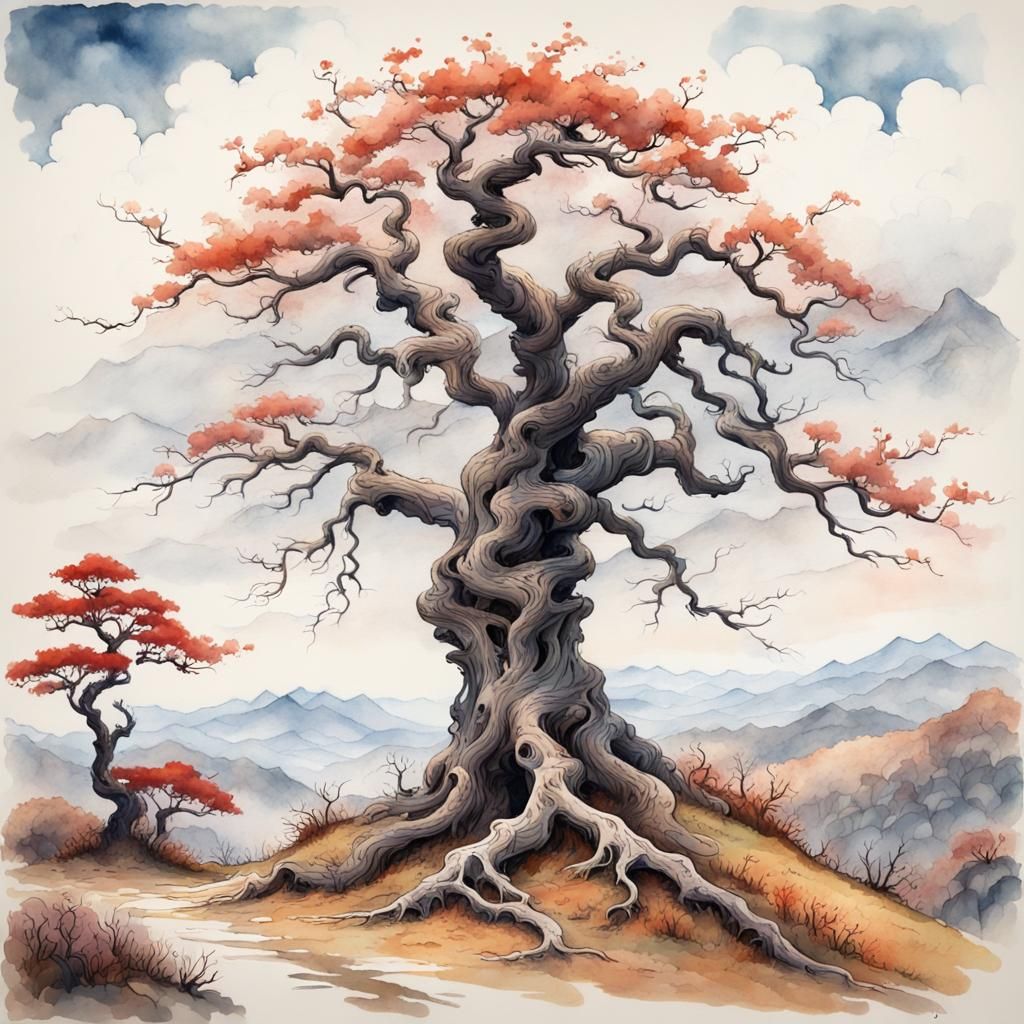 Gothic Japanese Tree in Ink Gouache Style