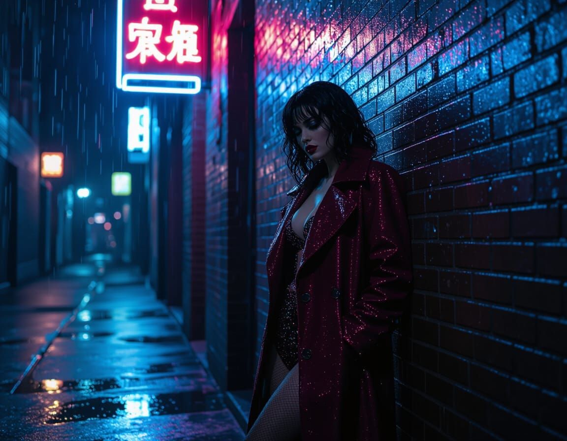 Burlesque Performer in Noir Alley: Photorealistic Image