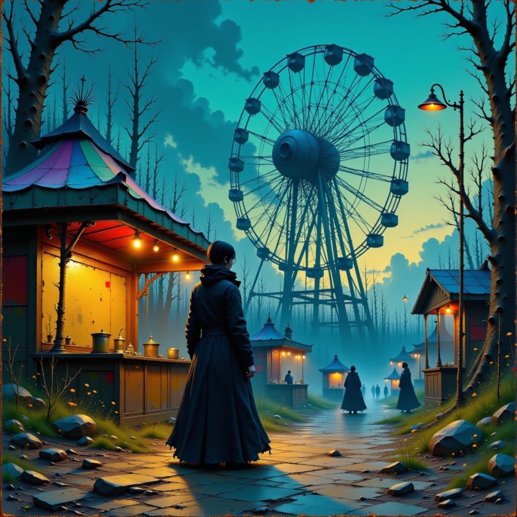 Mystical Woman at Abandoned Carnival: Dark Whimsy