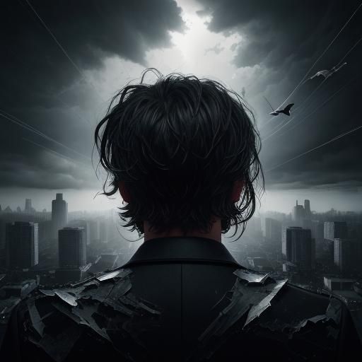 Monochromatic Kneeling Man in Shattered World