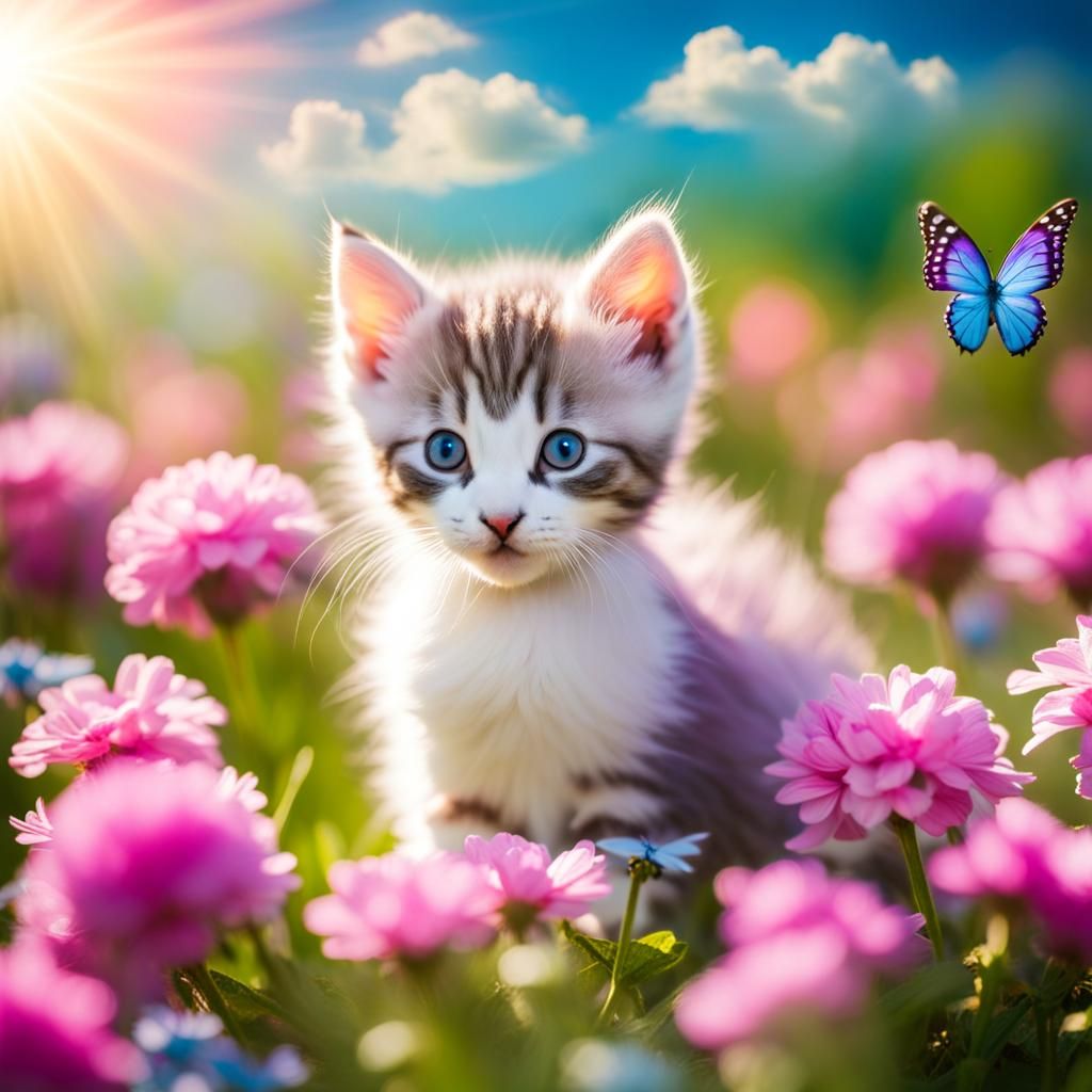 Kitten with Bow in Flower Field