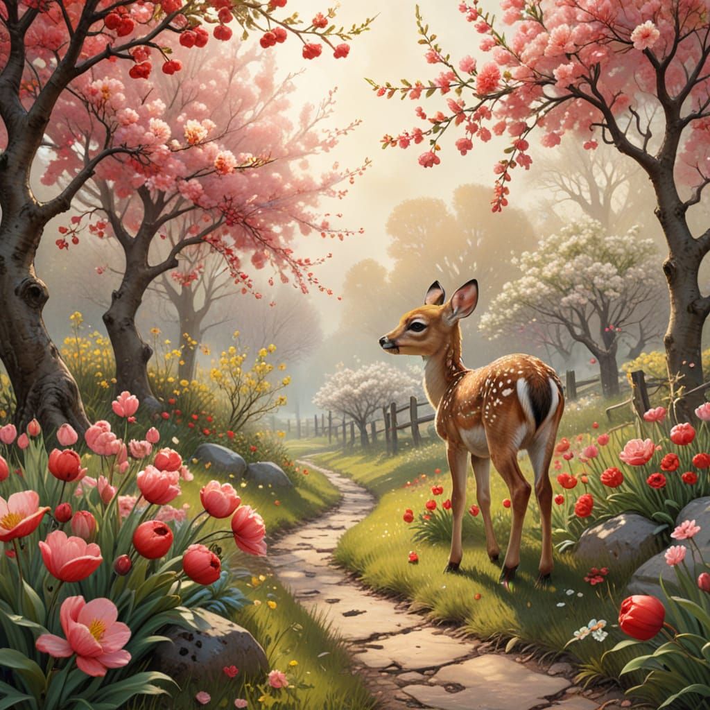 Whimsical Baby Fawn in Apple Orchard, with Pink Blossoms and...