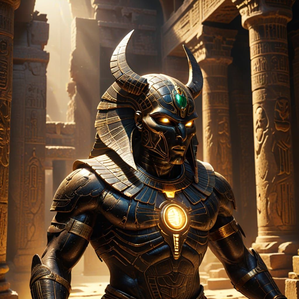 Egyptian Scarab God in Crumbling Temple