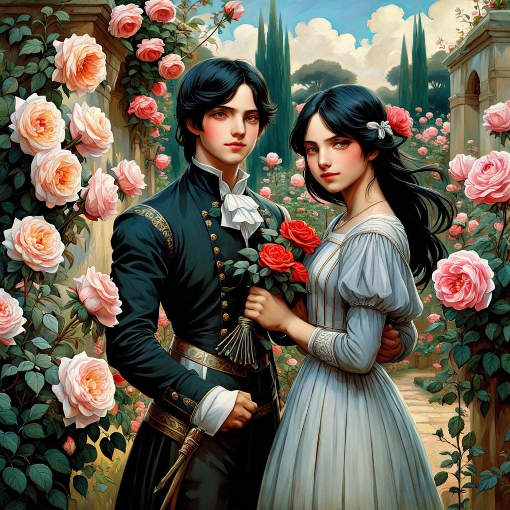 Sisters Among Whimsical Roses in a Fantasy Garden