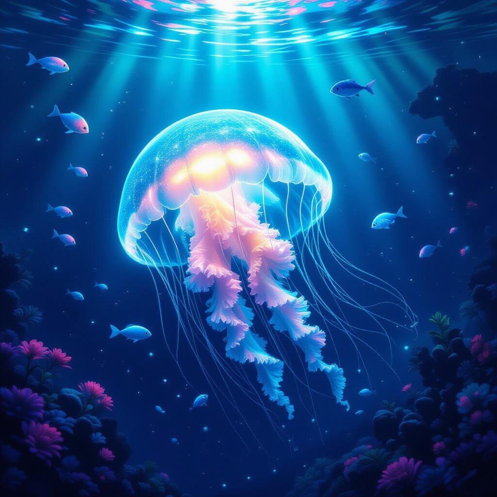 Ethereal Jellyfish in Bioluminescent Deep Sea Trench