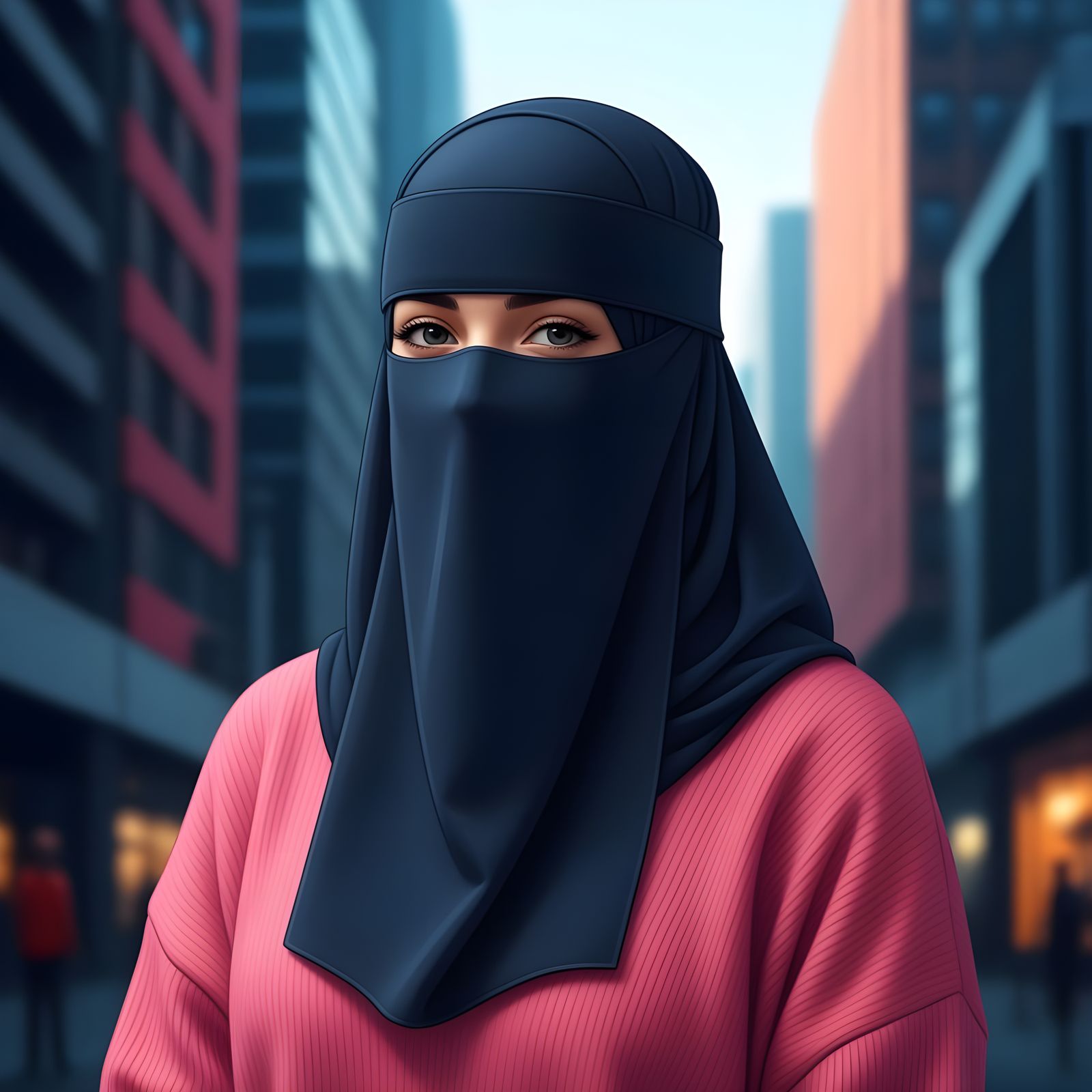 Beautiful Irish Woman in Niqab Portrait in Cityscape