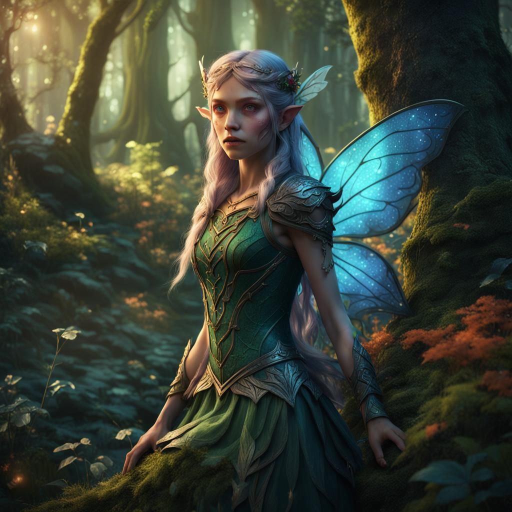 Enchanting Fairy Elf in Forest: Detailed Fantasy Art