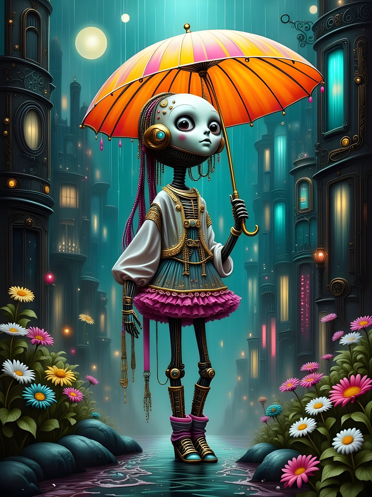 Cyberpunk Skeleton Girl Dances in Rainy City