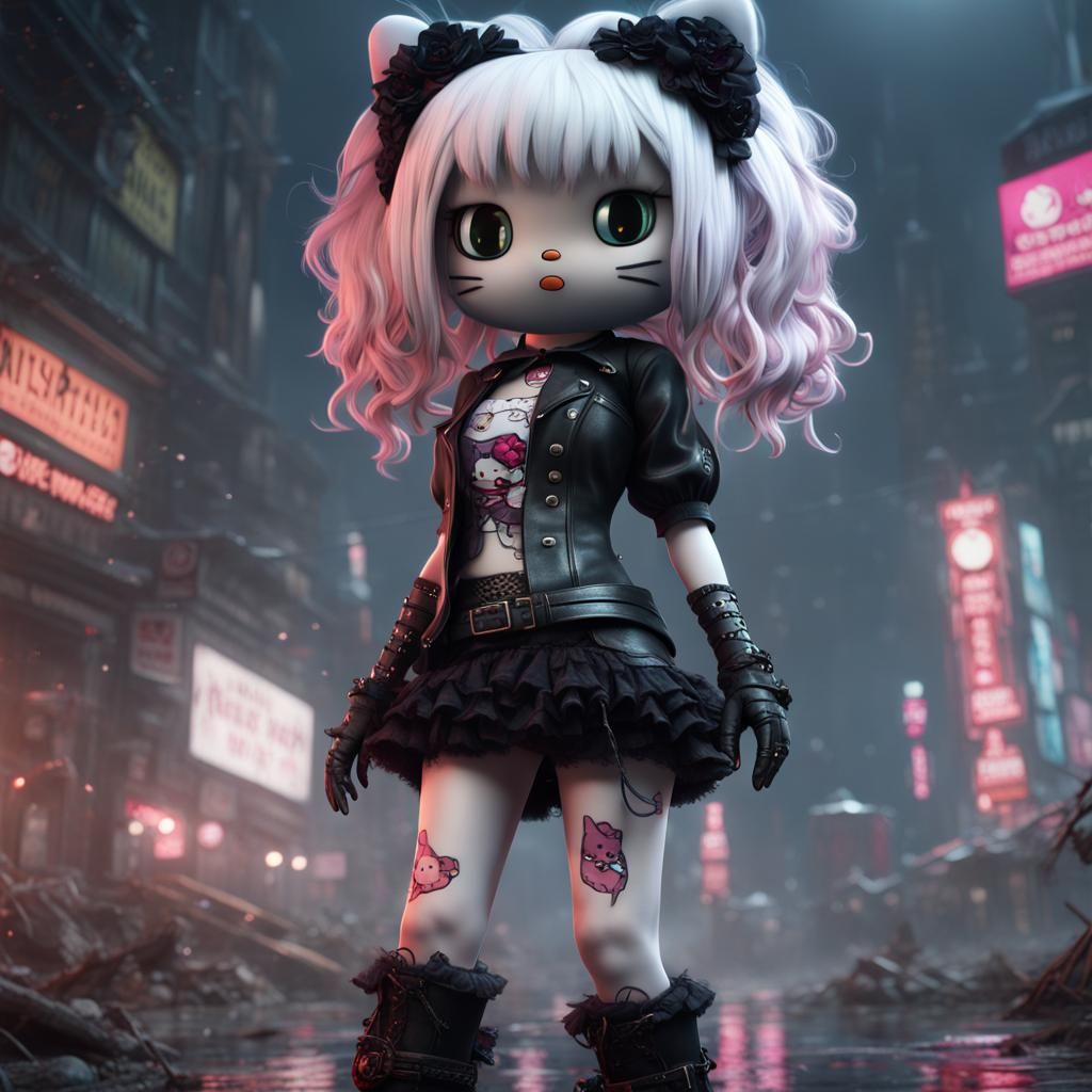 Goth Hello Kitty in Torn Clothes, Detailed Matte Painting