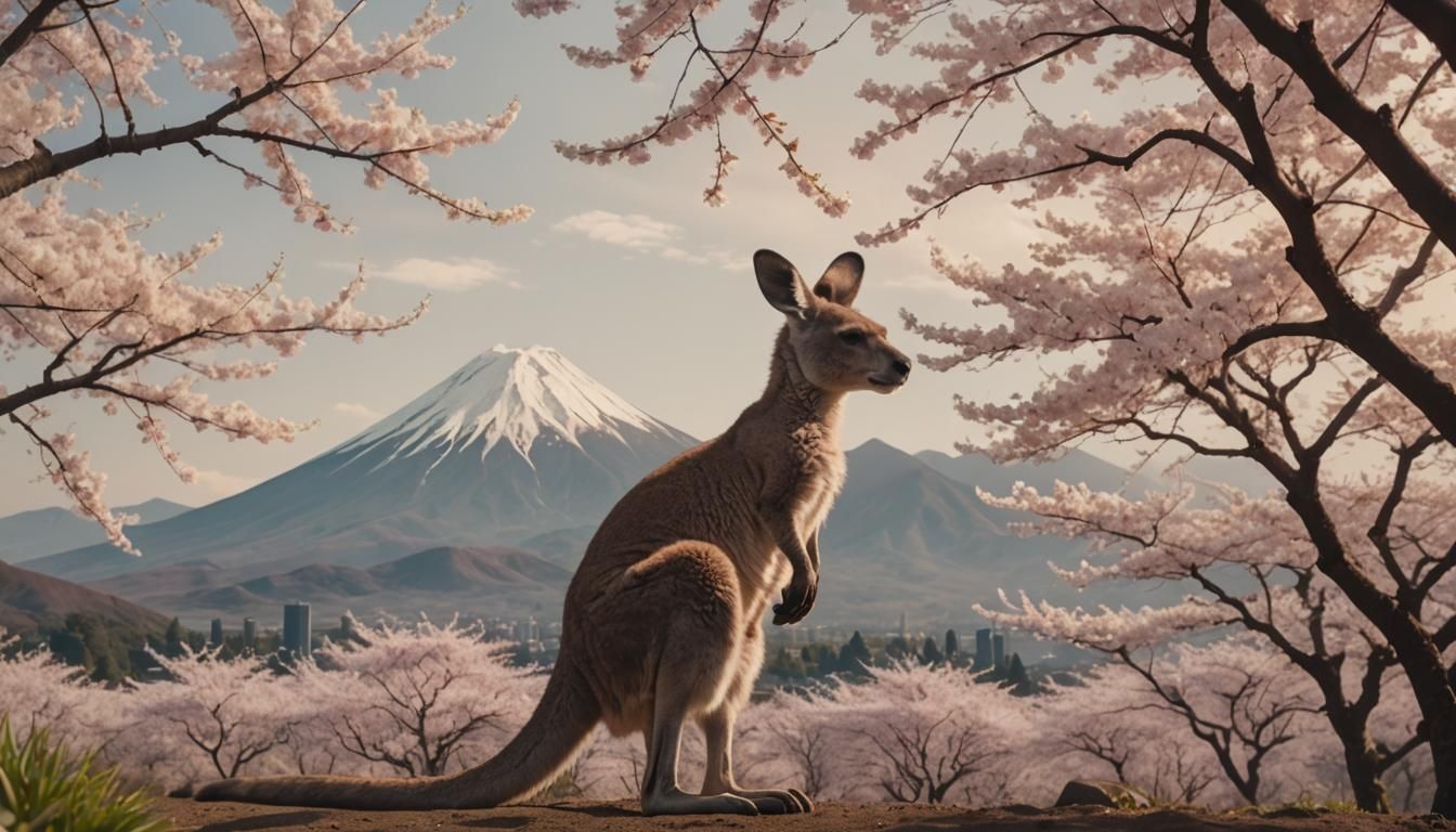 Kangaroo at Mount Fuji: A Cinematic Japanese Scene