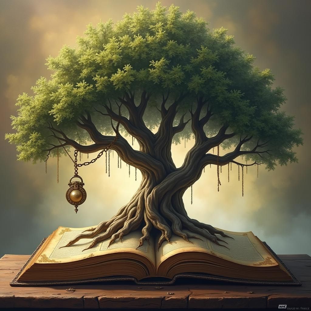 Mystical Book on Tree Root System in Oil Painting