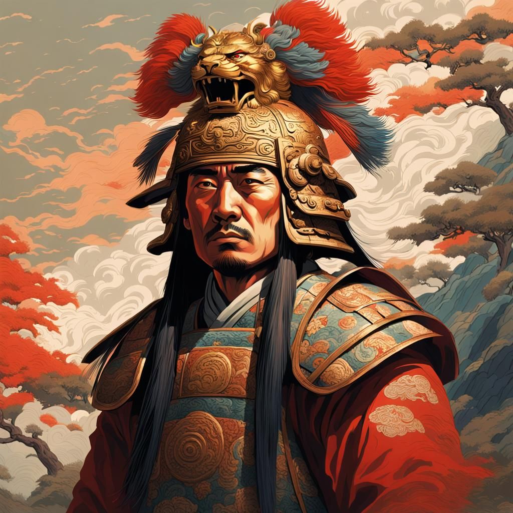 Wounded Chinese General with Lion Helmet in Ukiyo-e Style