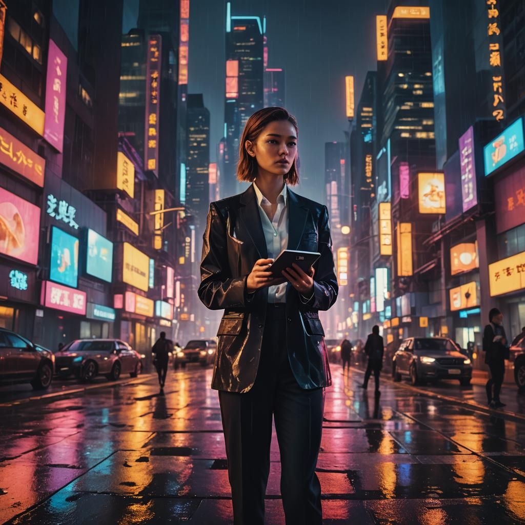 Cyberpunk Businesswoman in Cityscape with Neon Lights