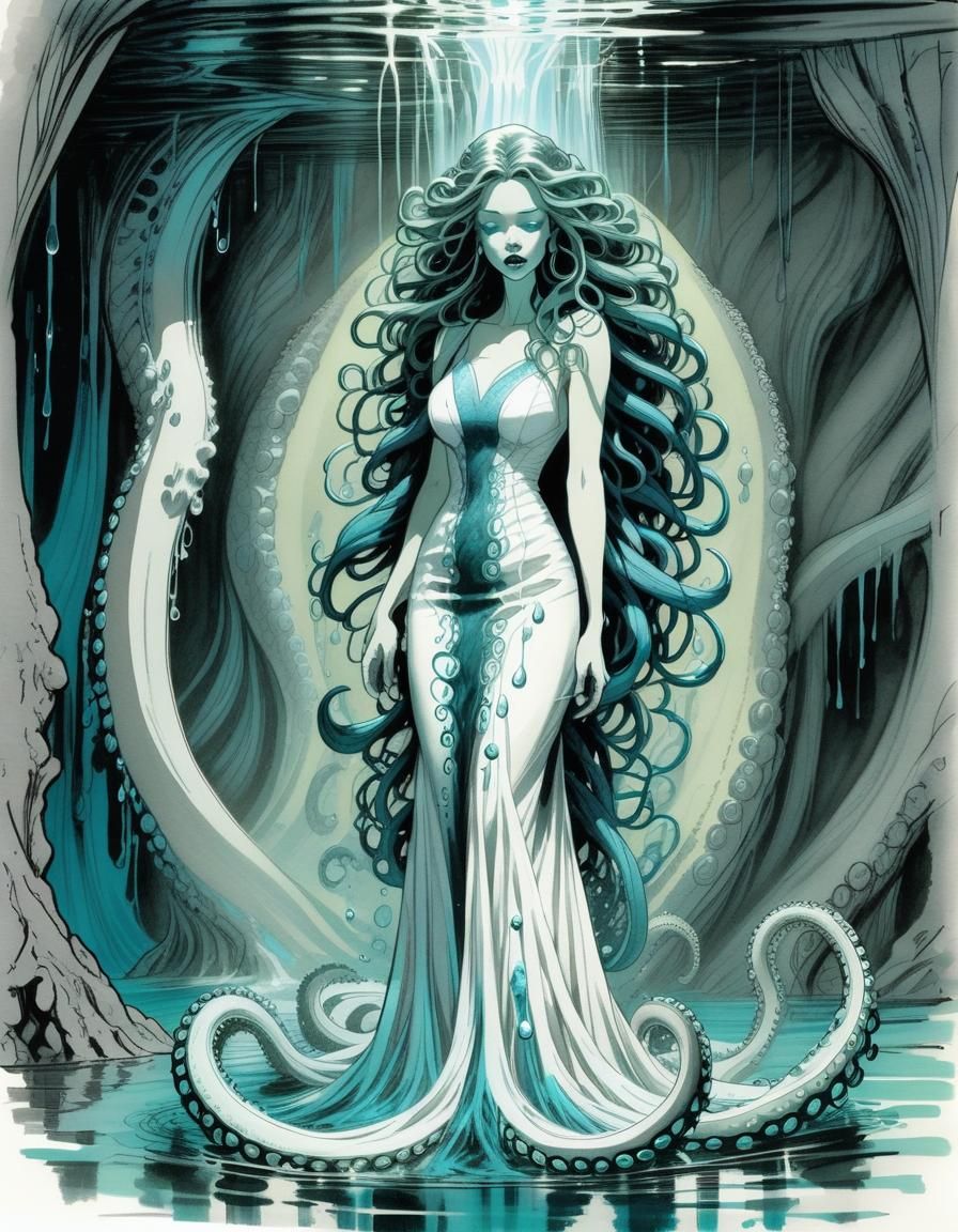 Eldritch Tentacle Goddess Sketch in Water Cave