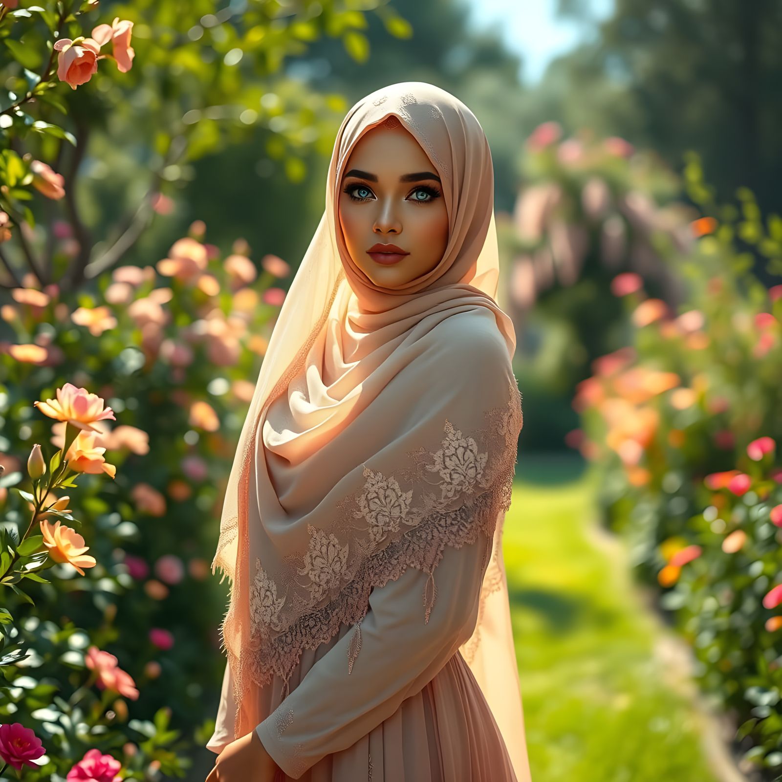 Elegant Hijabi Woman in a Vibrant Sunlit Garden