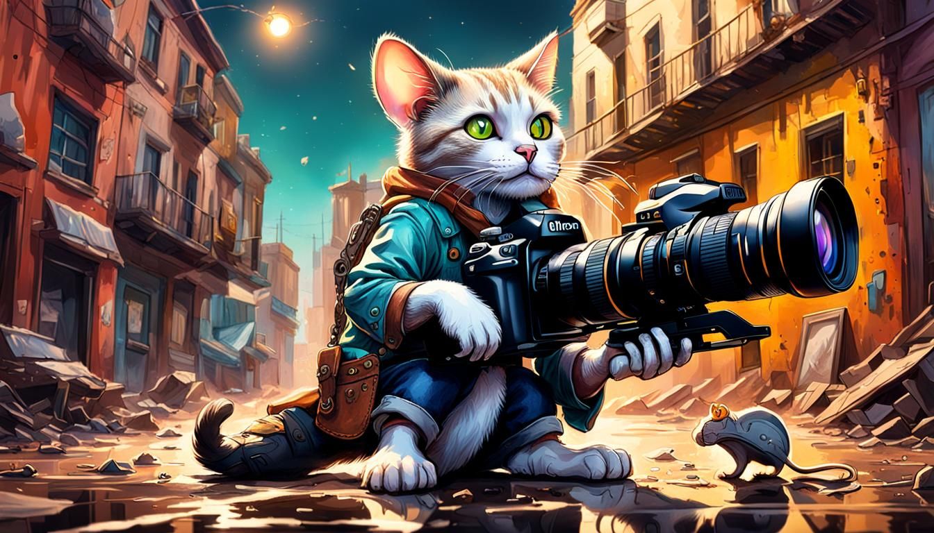 Hyperrealistic Cat Cowboy Photographer in Decaying City