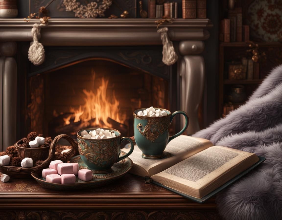 Cozy Fireplace Scene with Hot Chocolate