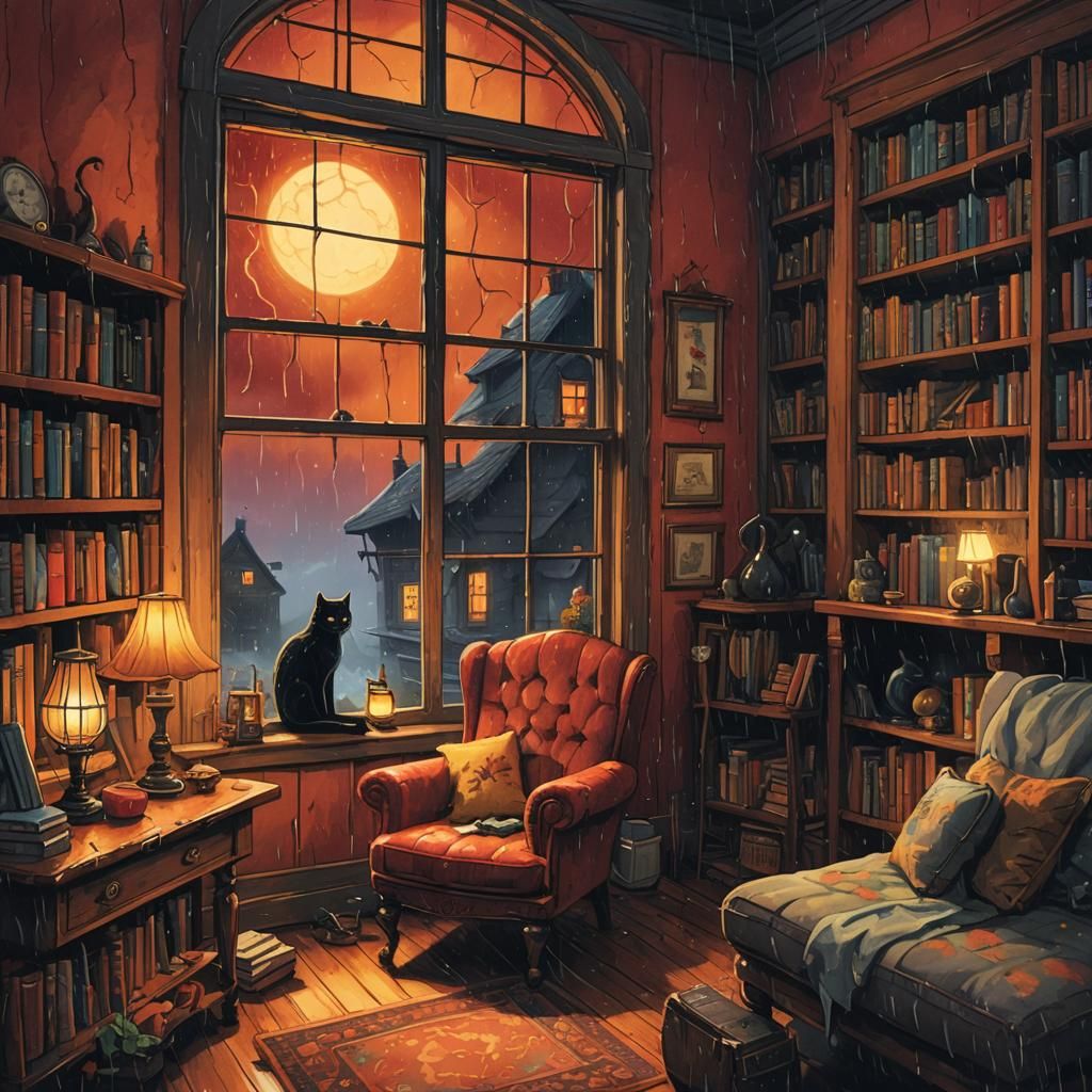 Cozy Room Reflected in Raindrop: Fantasy Art