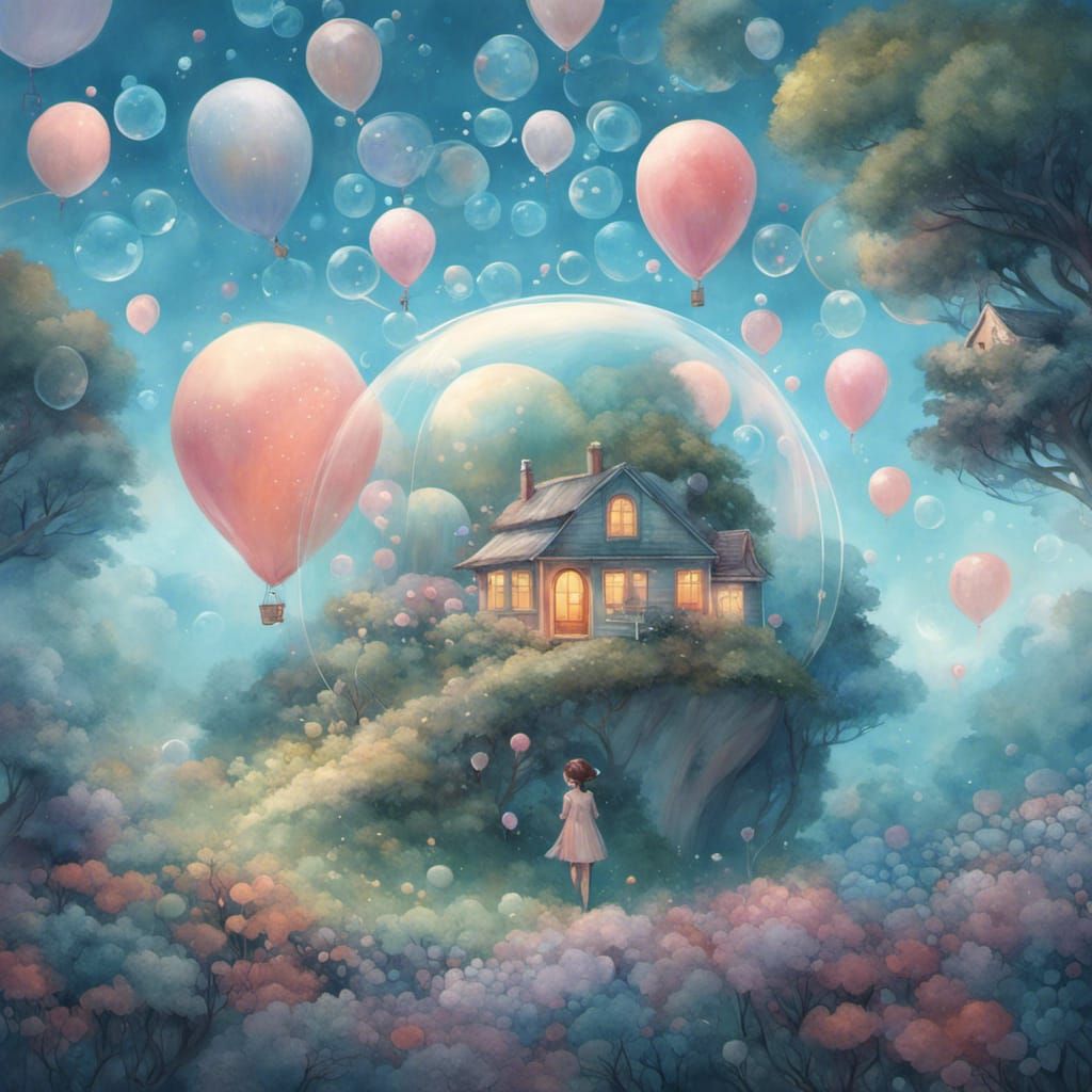 Whimsical Fantasy World in Bubble, a Digital Painting