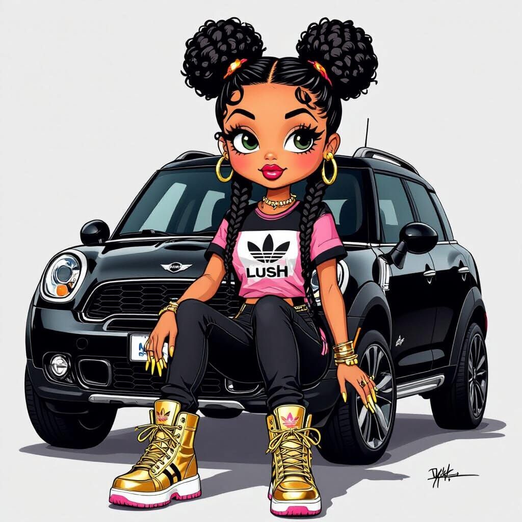 Cartoon Betty Boop on Car Hood in 2D Style