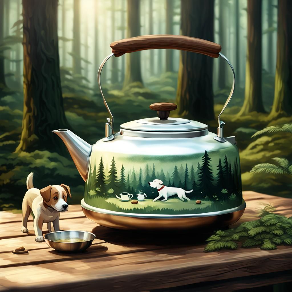 Dog Tea Kettle in Forest, Art Deco Digital Painting