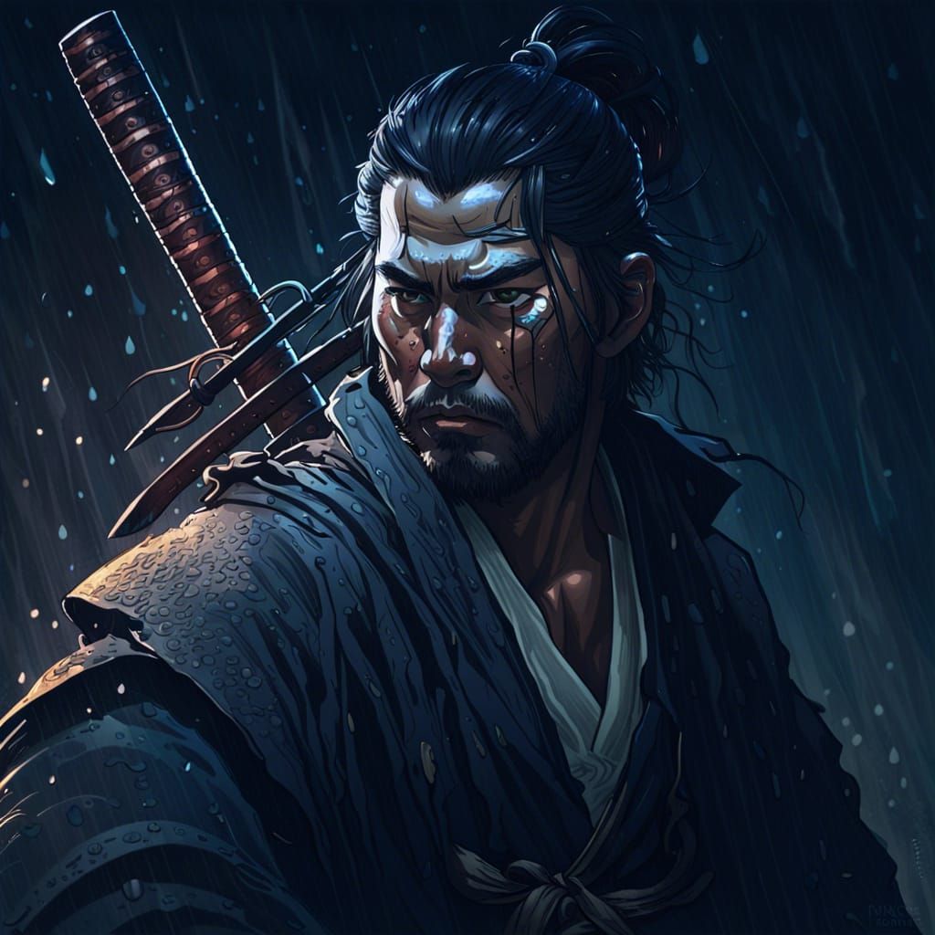 Samurai Katana Art in Rain, Hyperdetailed Portrait