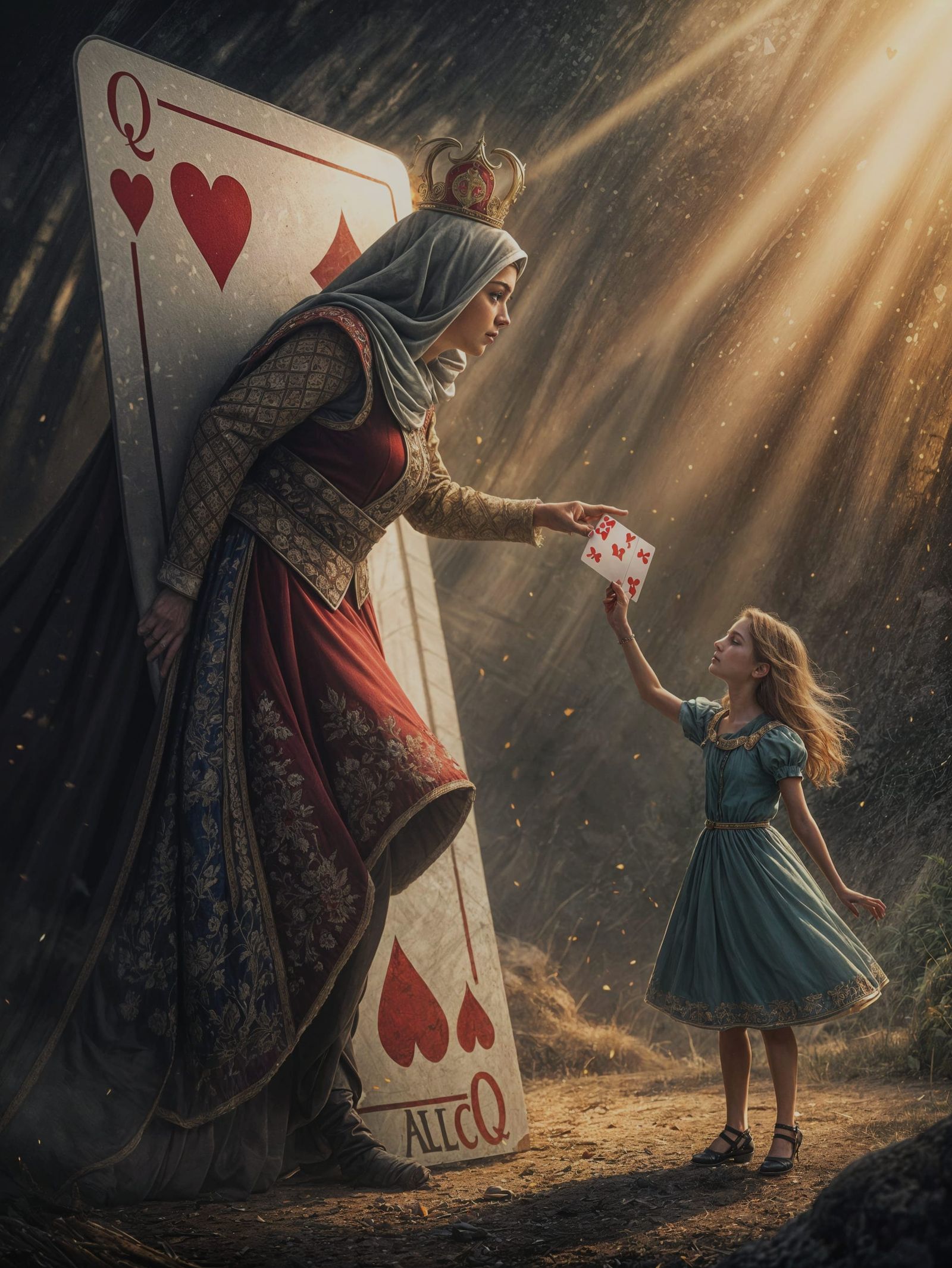 Alice and the Queen of Hearts in Matte Painting Style