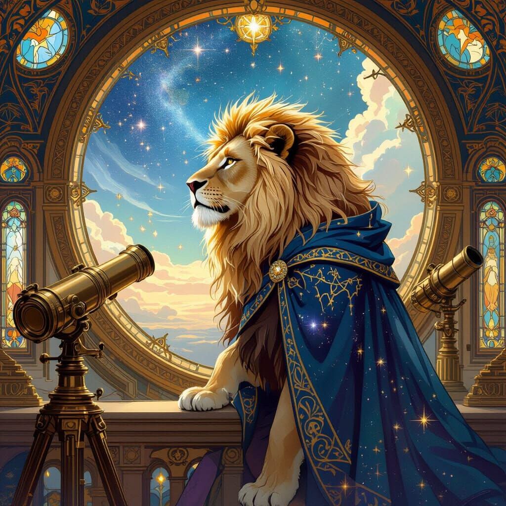 Cosmic Lion in Observatory, Art Nouveau Style