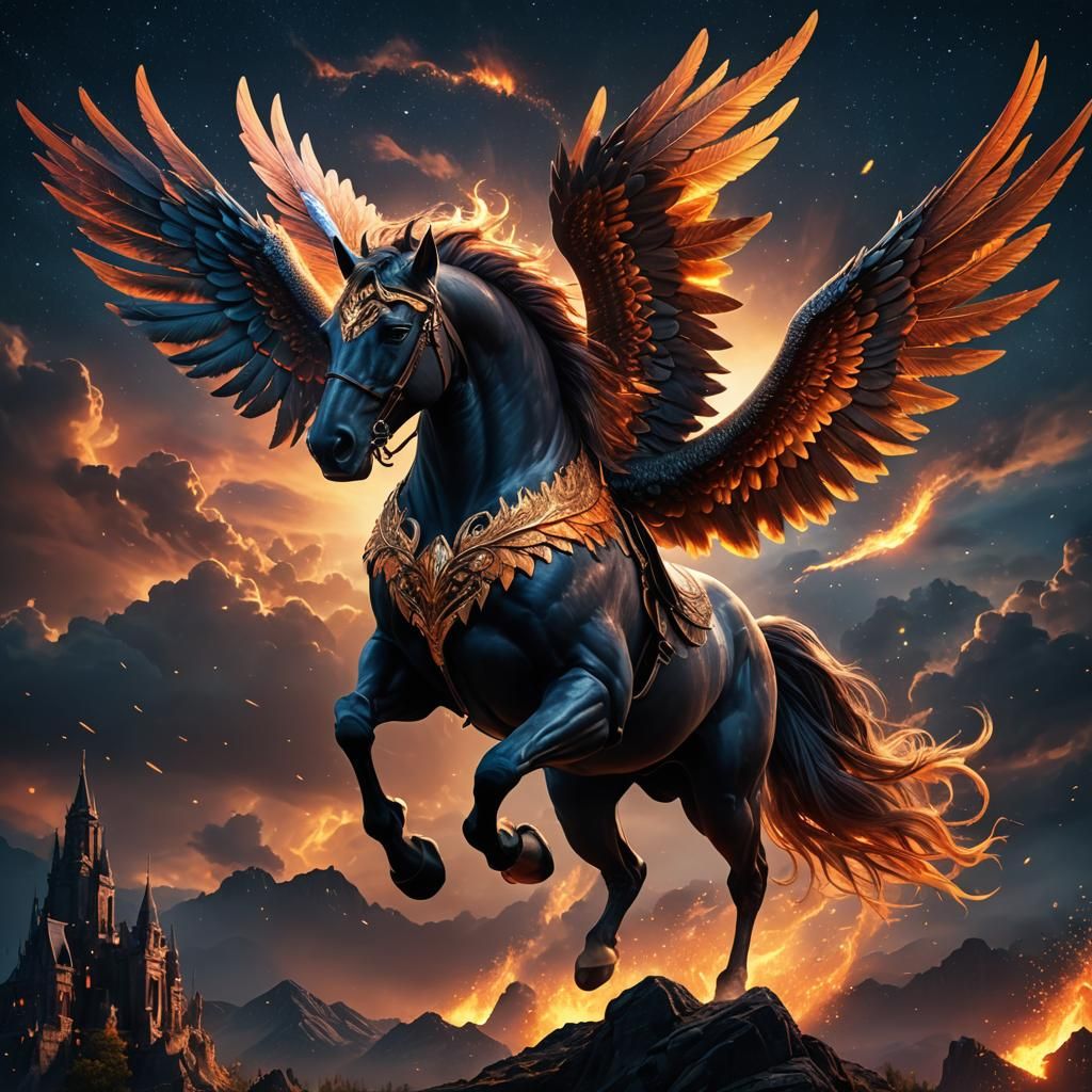 Fiery Pegasus Soaring Through the Night Sky