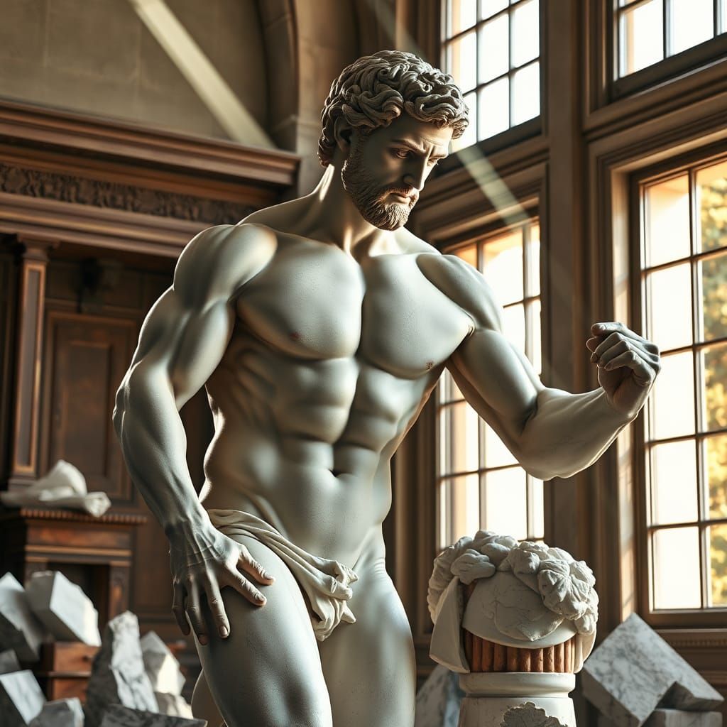 Michelangelo Sculpting a Muscular Male Statue