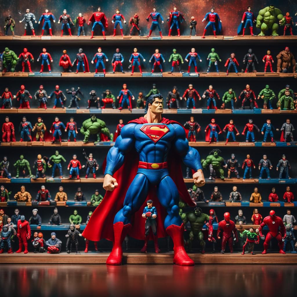 Superhero Action Figures on Toy Shelf in Detailed Matte Pain...
