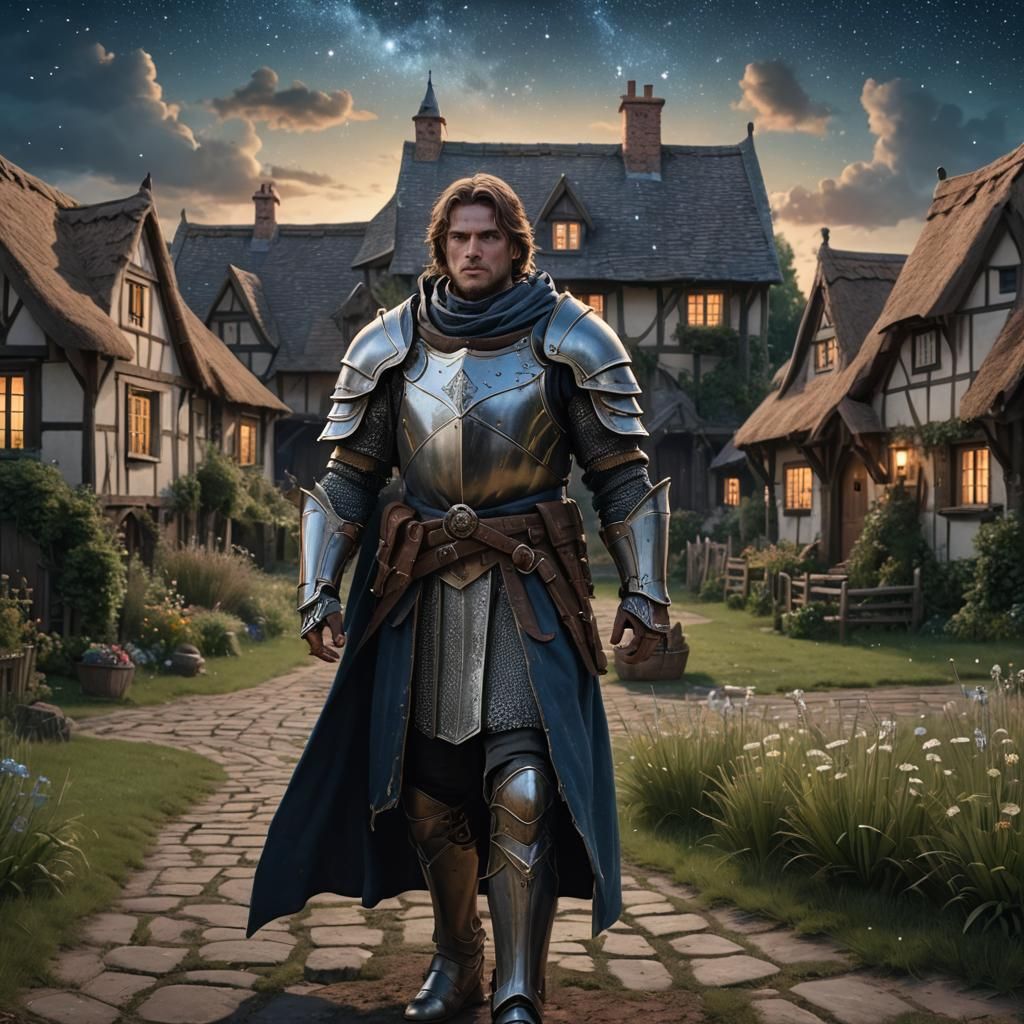 Knight in Grassy Field Under Starry Sky