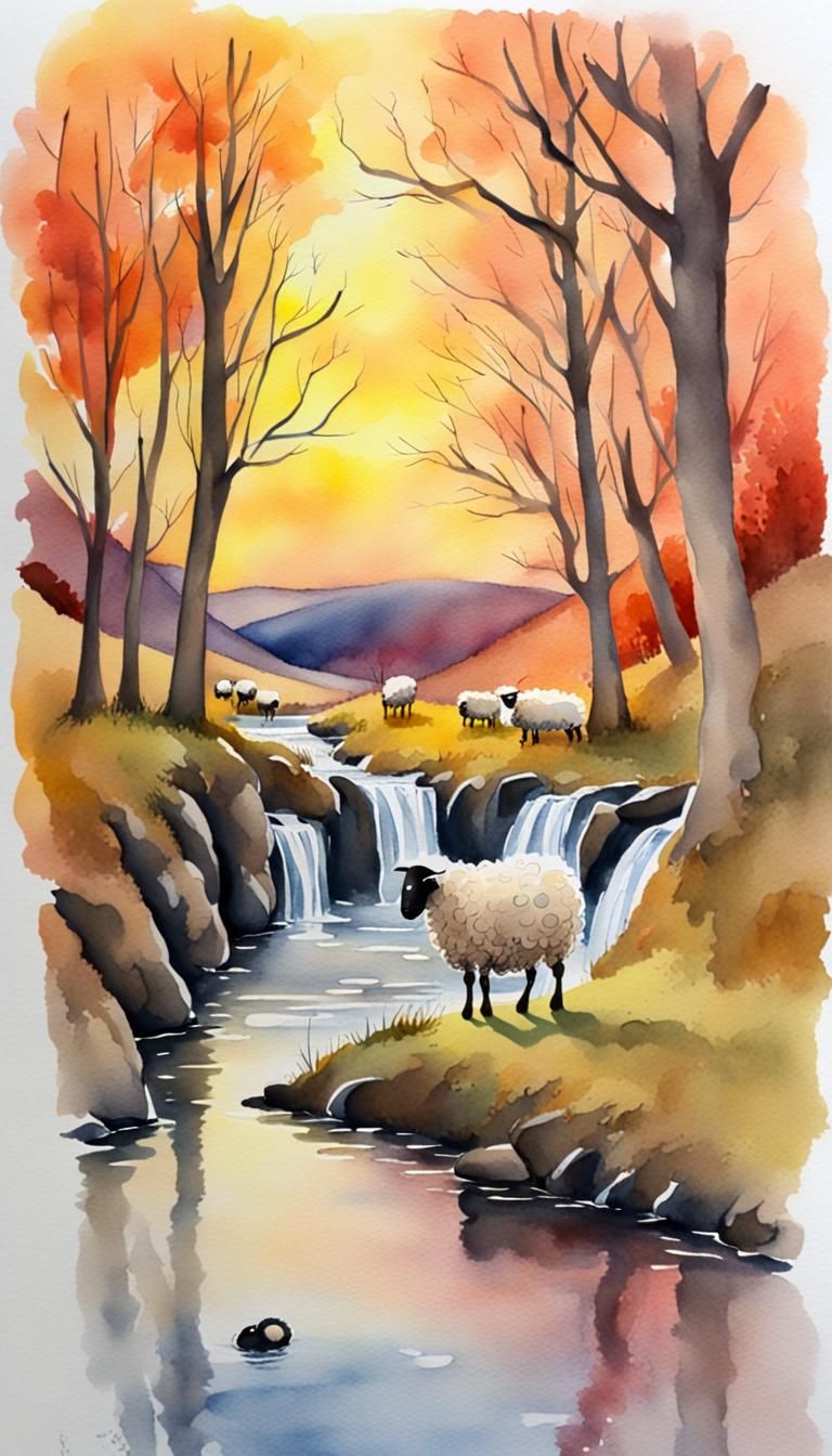 Watercolor Sunset: Waterfall, Stream, and Sheep