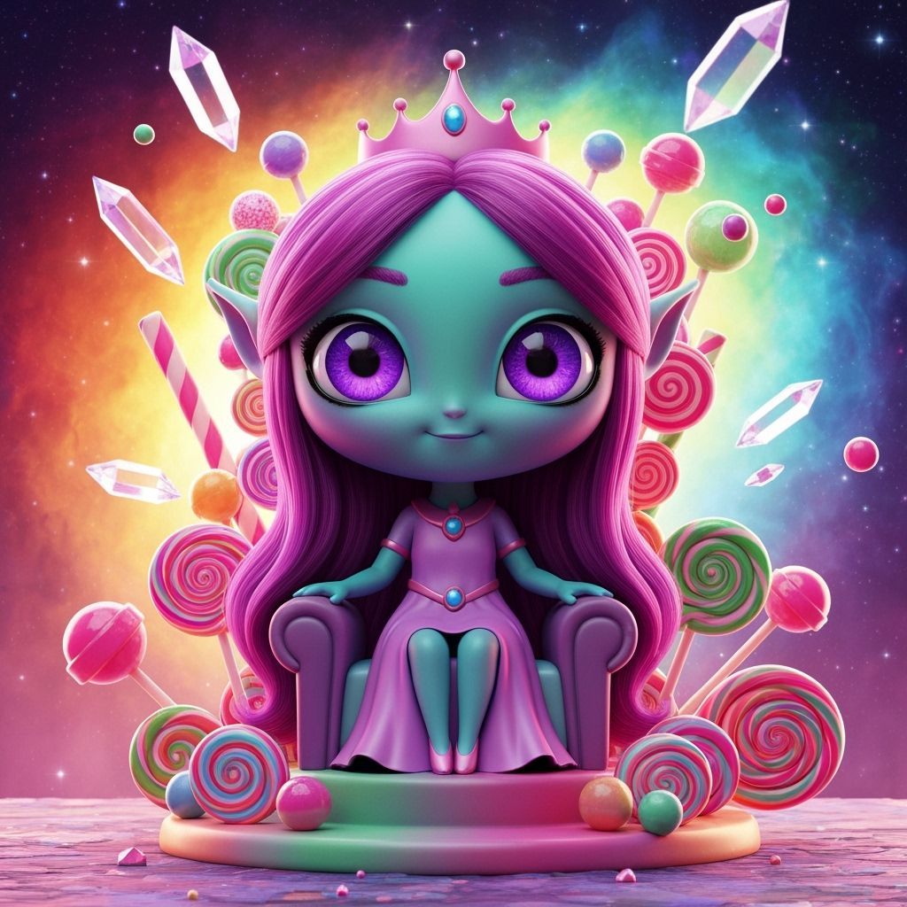 Chibi Alien Princess on Candy Throne in Rainbow Nebula