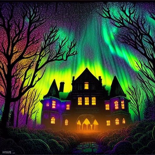 Gothic Mansion Silhouette Under Aurora Borealis
