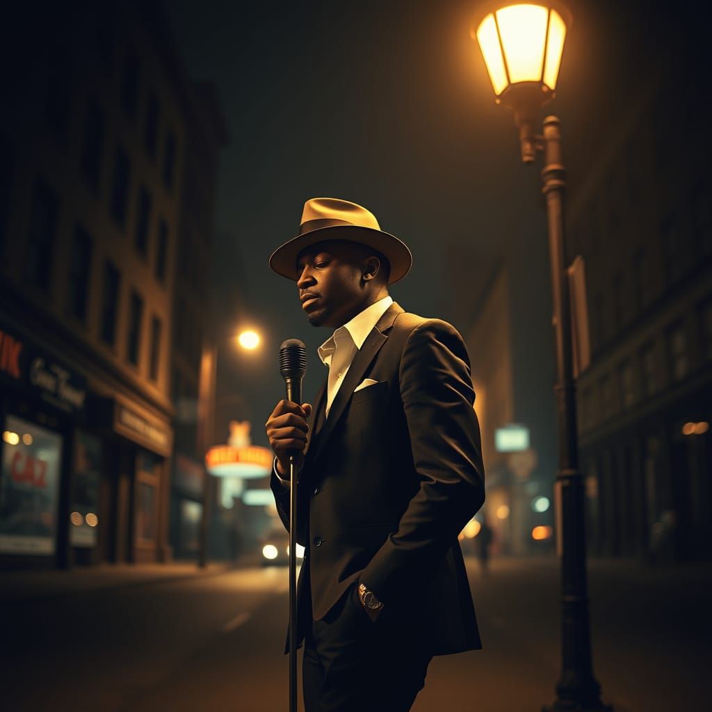 Vintage Jazz Singer Under City Streetlight