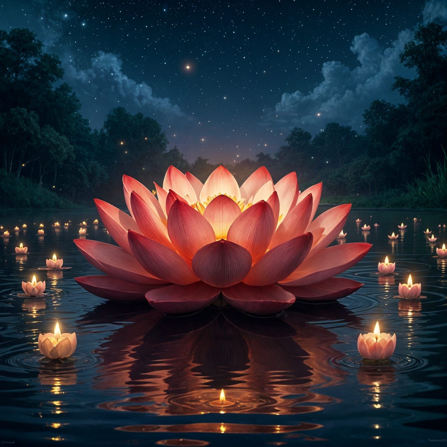 Fire Red Lotus Flower in Mystical Night
