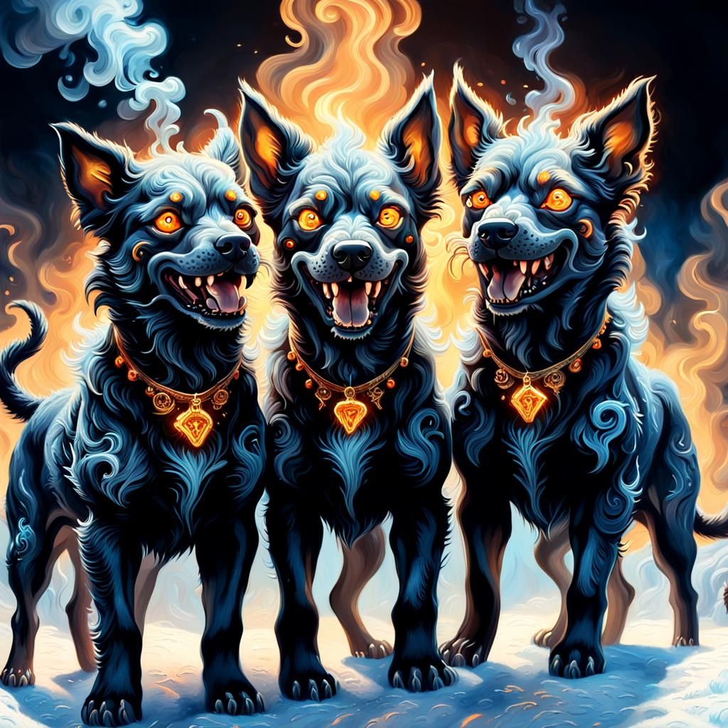 Adorable Cerberus with Neon Eyes in Oil Painting Style