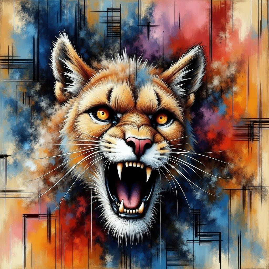 Abstract Mountain Lion Portrait in Mixed Media