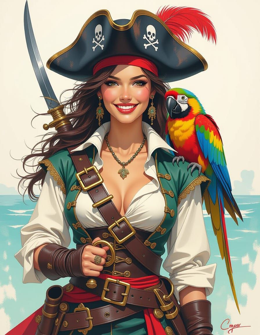 Smiling Female Pirate Captain With Parrot Seeks Treasure