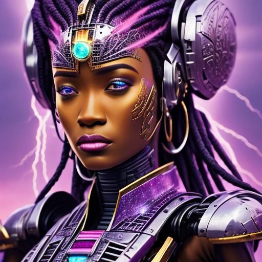 African Princess in Cyberpunk Hieroglyphic Style with Roboti...