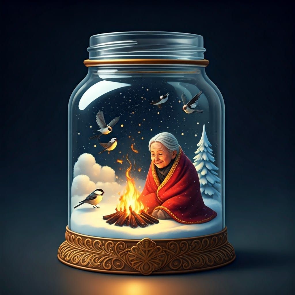 Whimsical Winter Wonderland Scene in Golden Ornate Jar