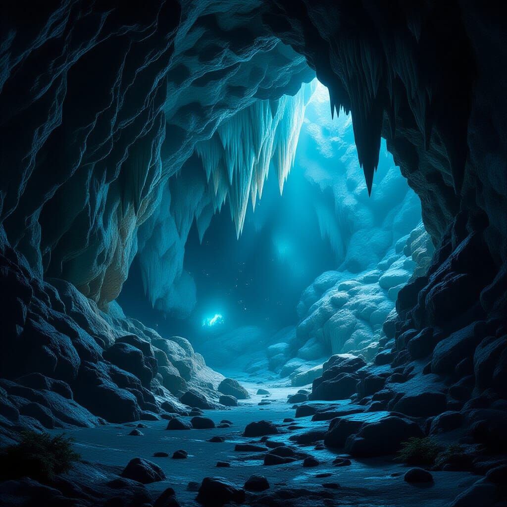 Luminescent Cave at Night in Digital Painting Style