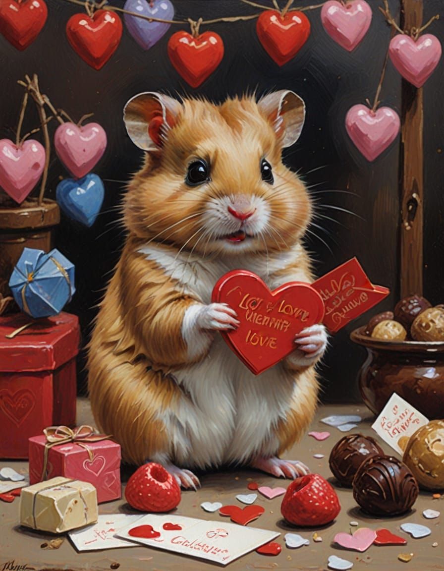 Whimsical Valentine Hamster Amidst Love Cards and Chocolates