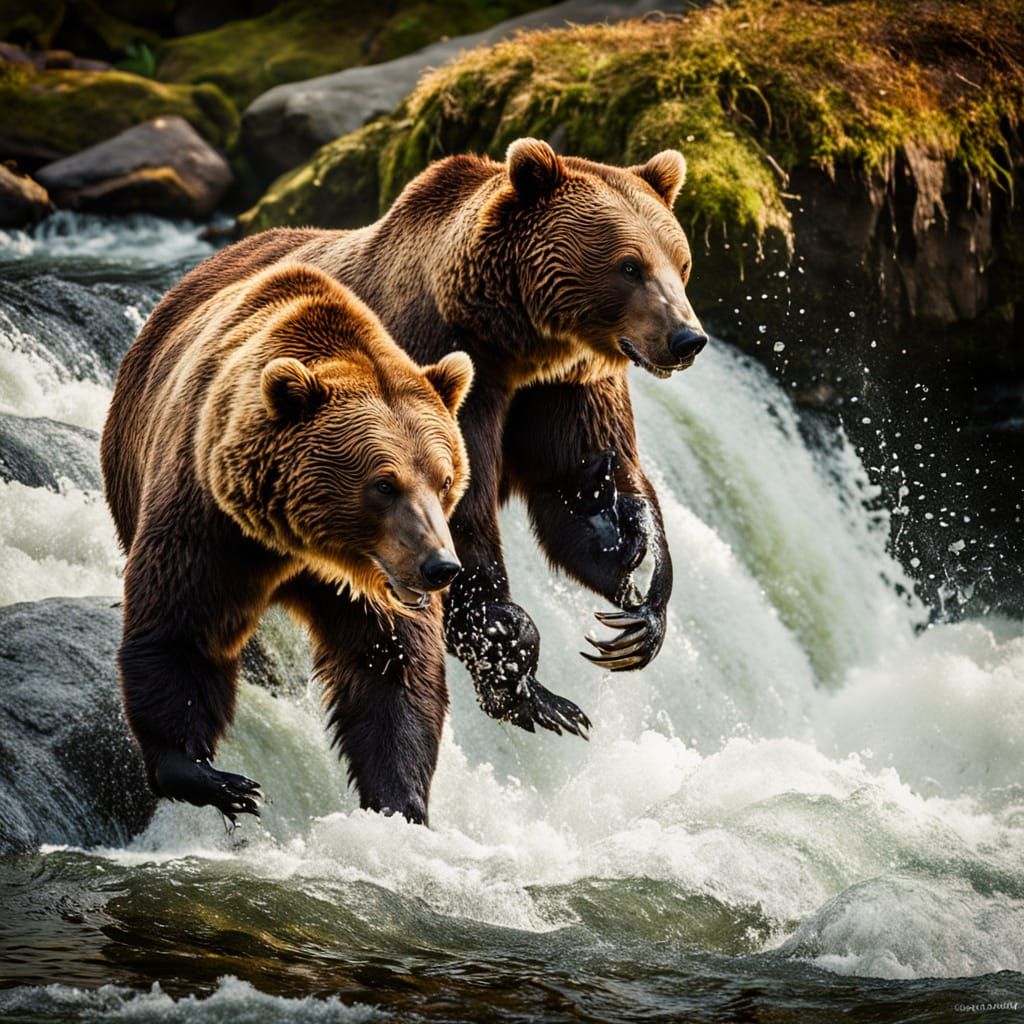 Bears Catching Fish at Brooks Falls: Wildlife Photography