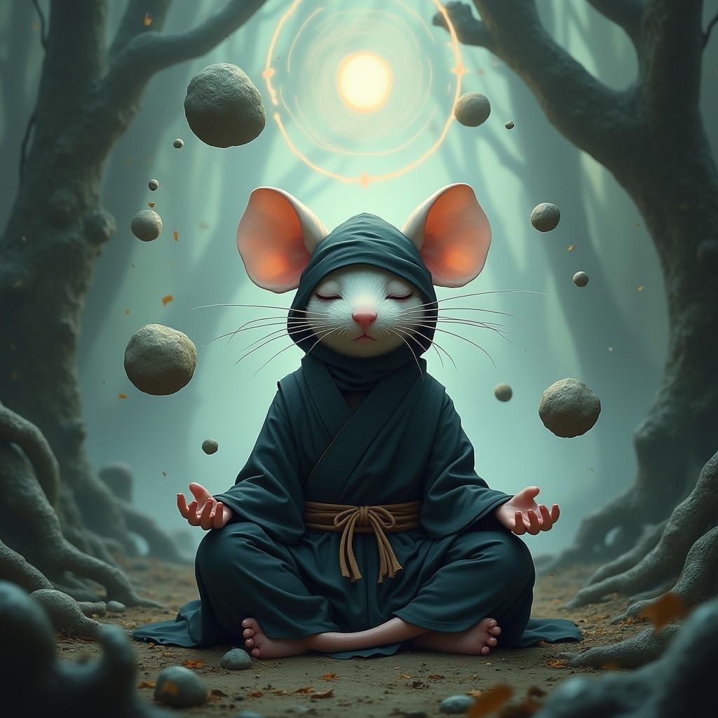 Serene Ninja Mouse Mastering Psychic Powers in Ancient Fores...