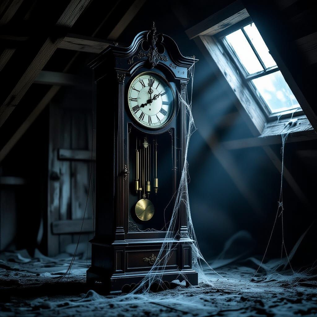 Melancholic Grandfather Clock in Dusty Attic