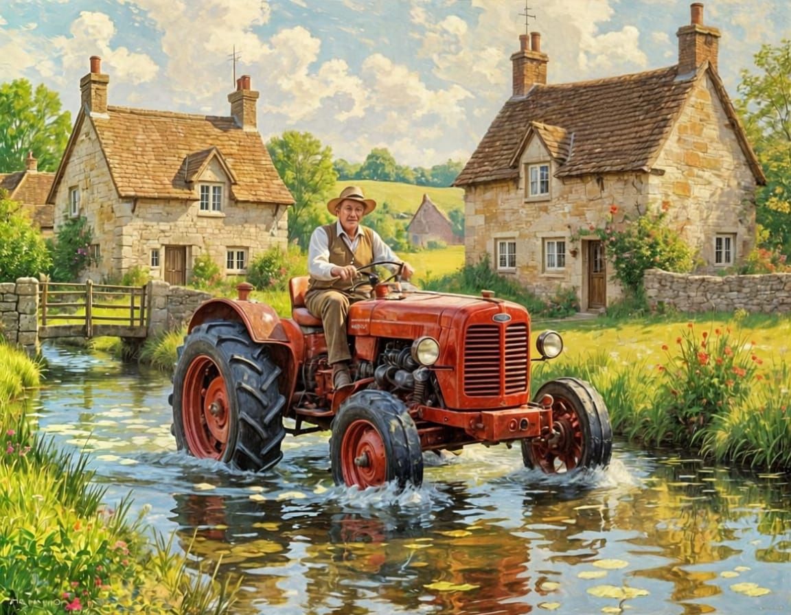 Elderly Farmer in 1930s Cotswold Village on Vintage Tractor