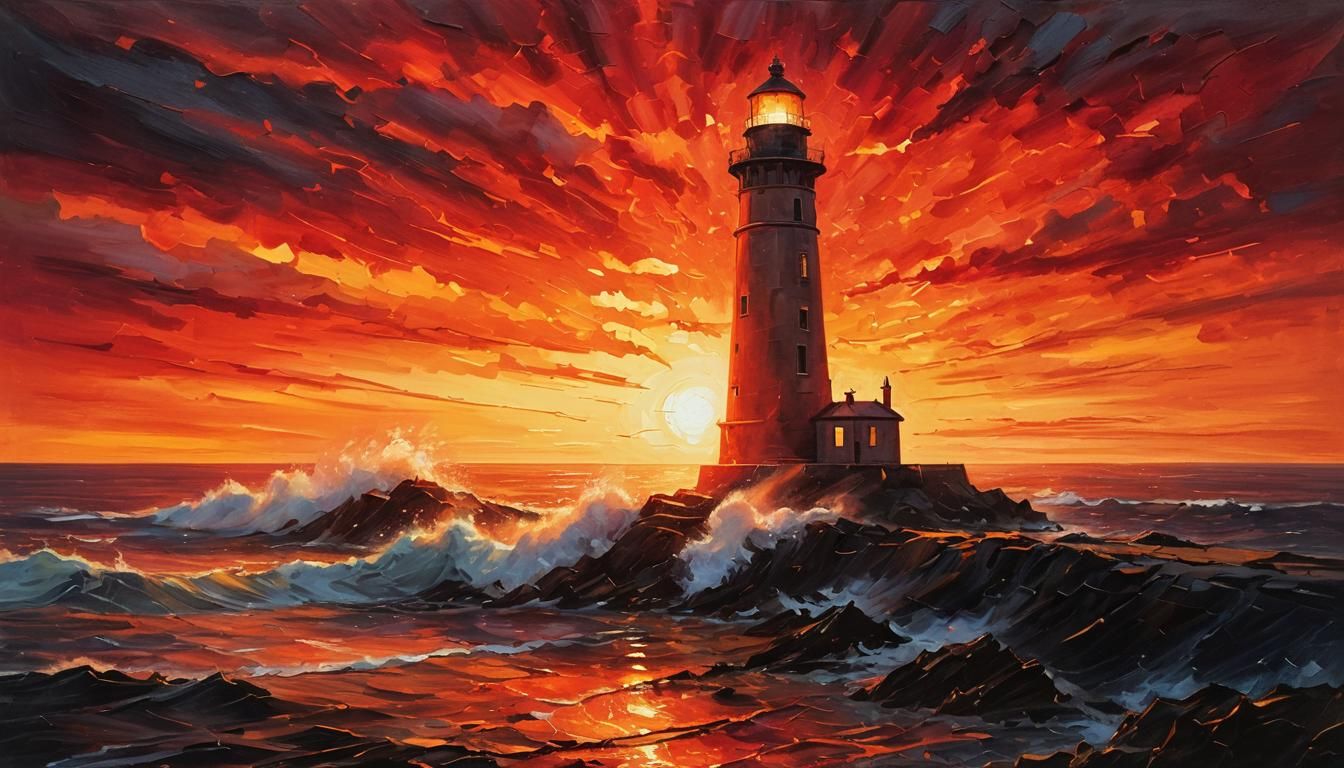 Lighthouse at Sundown: An Impasto Oil Painting